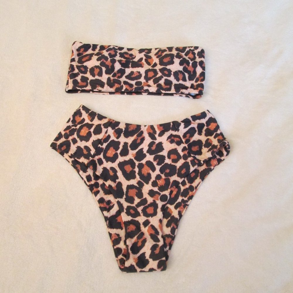 NWT OMKAGI 2 Pieces Bandeau Bikini Swimsuit Leopard